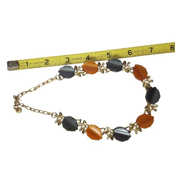 Vtg Statement Collar Necklace Gold Tone Orange Gray Stone Leaf Detail Autumncore - Picture 5 of 5